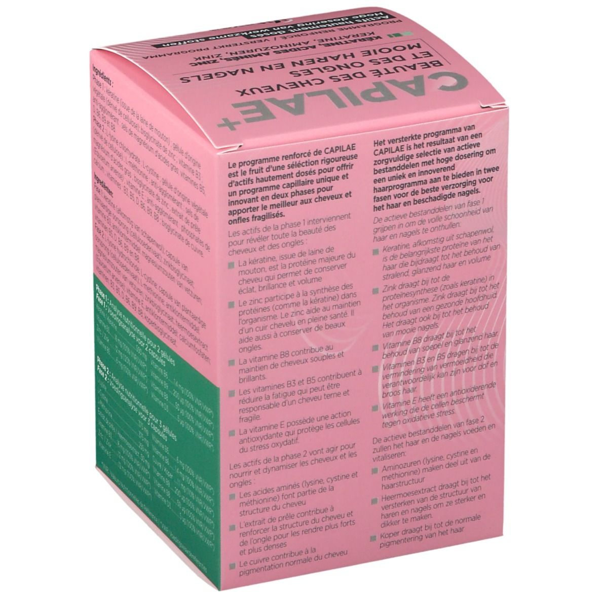 Boîte rose CAPILAE+ avec texte sur les bienfaits pour cheveux et ongles. Détails des ingrédients et de l'action.