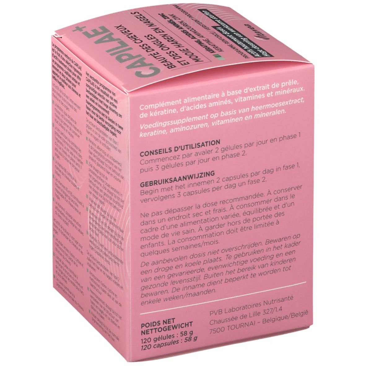Boîte rose CAPILAE+ avec instructions d'utilisation. Informations sur le dosage et la conservation du produit.