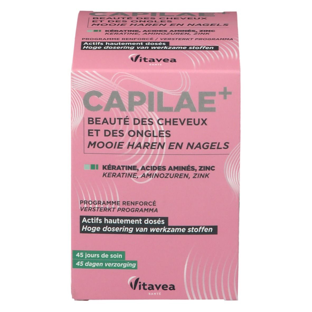 Boîte rose CAPILAE+ pour cheveux et ongles. Contient kératine, acides aminés, zinc. 45 jours de soin.