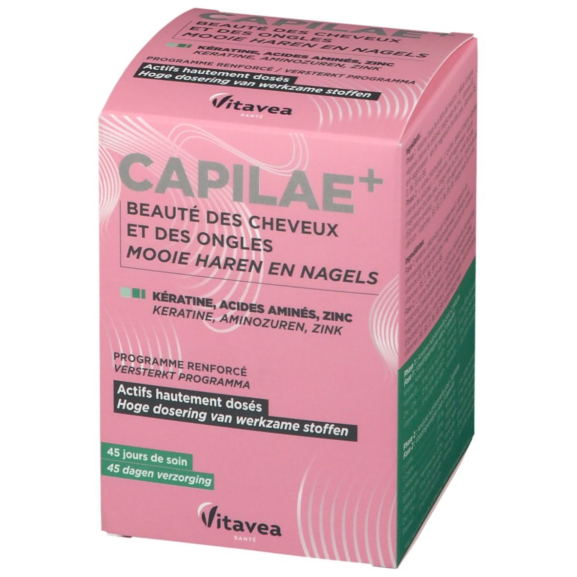 Boîte rose CAPILAE+ pour cheveux et ongles. Contient kératine, acides aminés, zinc. 45 jours de soin.