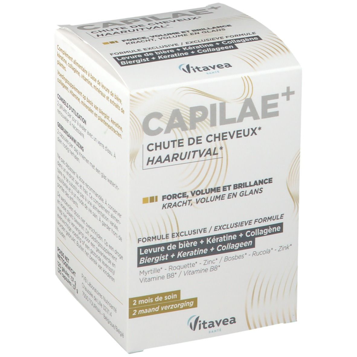Boîte CAPILAE+ CHUTE DE CHEVEUX. Texte: Force, volume et brillance. Marque Vitae. 2 mois de soin. Formule exclusive.