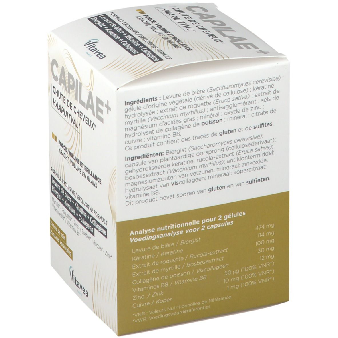 Boîte avec liste d'ingrédients. Contient levure de bière, kératine, collagène, zinc, vitamines. Marque Vitae. Analyse nutritionnelle.