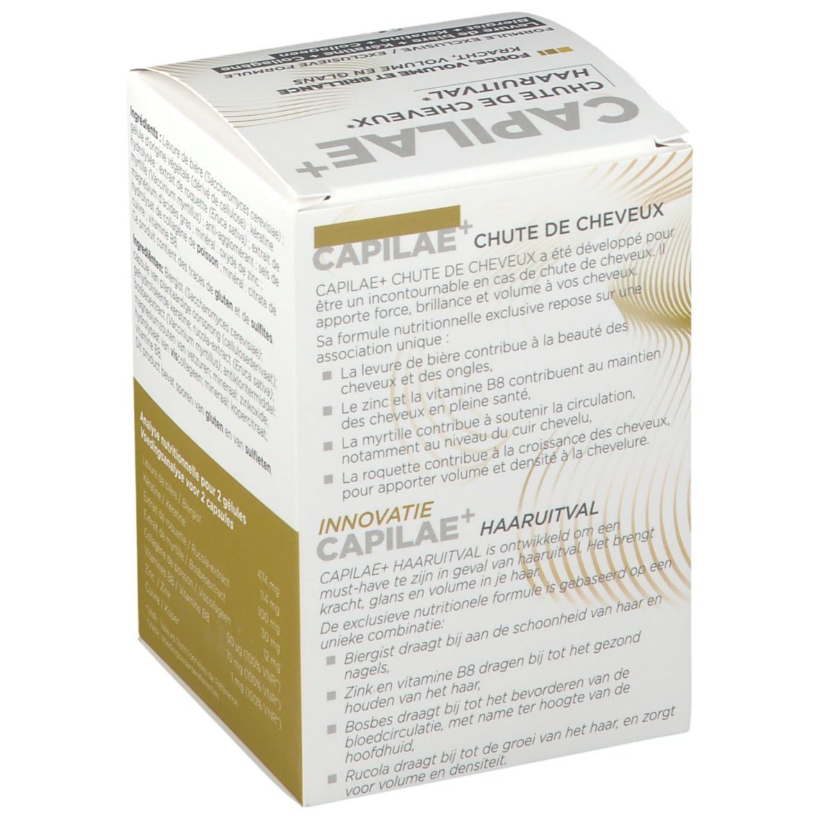 Boîte avec informations produit. CAPILAE+ CHUTE DE CHEVEUX pour cheveux. Marque Vitae. Texte sur les bienfaits et la formule exclusive.