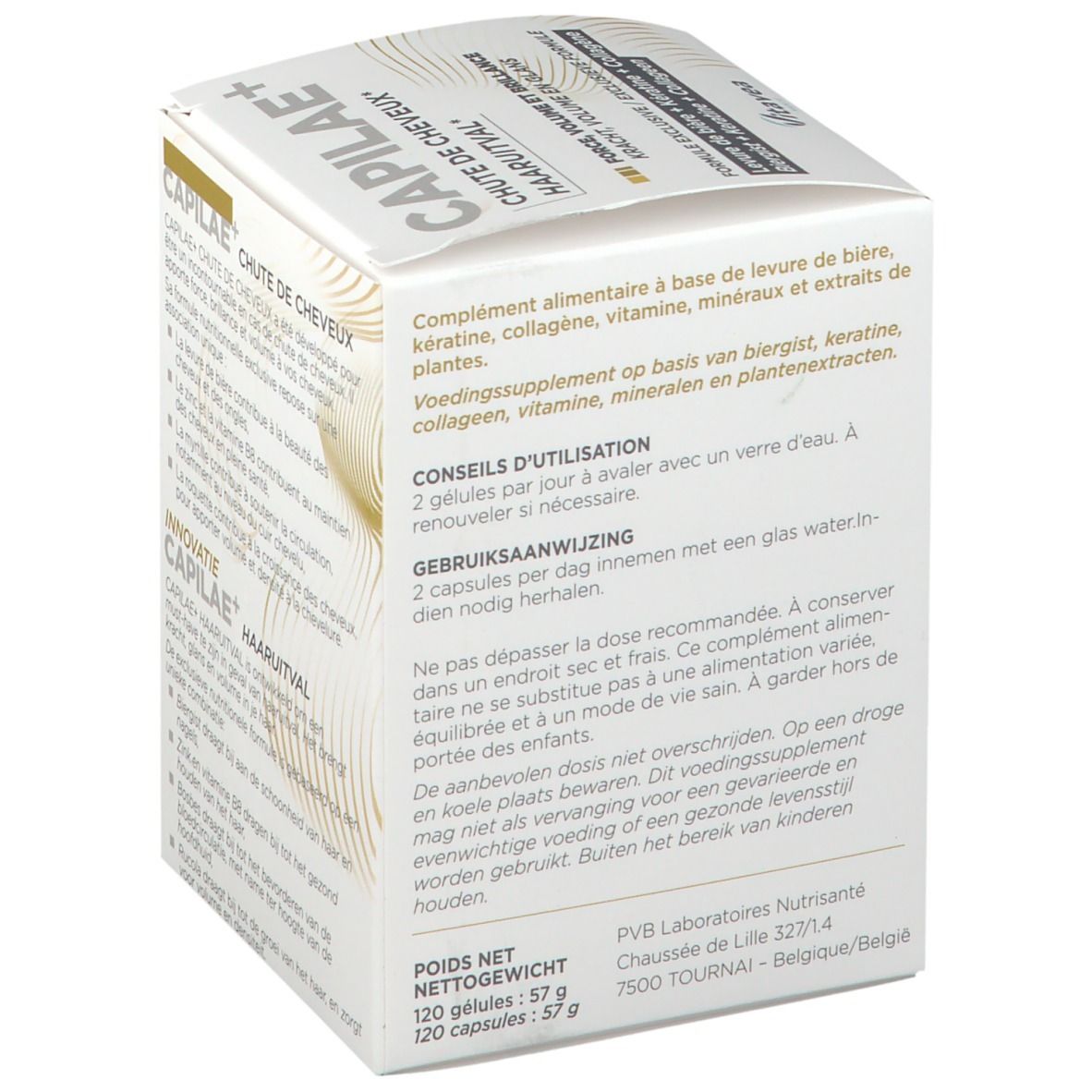 Boîte avec instructions d'utilisation. 2 gélules par jour avec de l'eau. Contient 120 gélules. Marque Vitae. Poids net 57g.