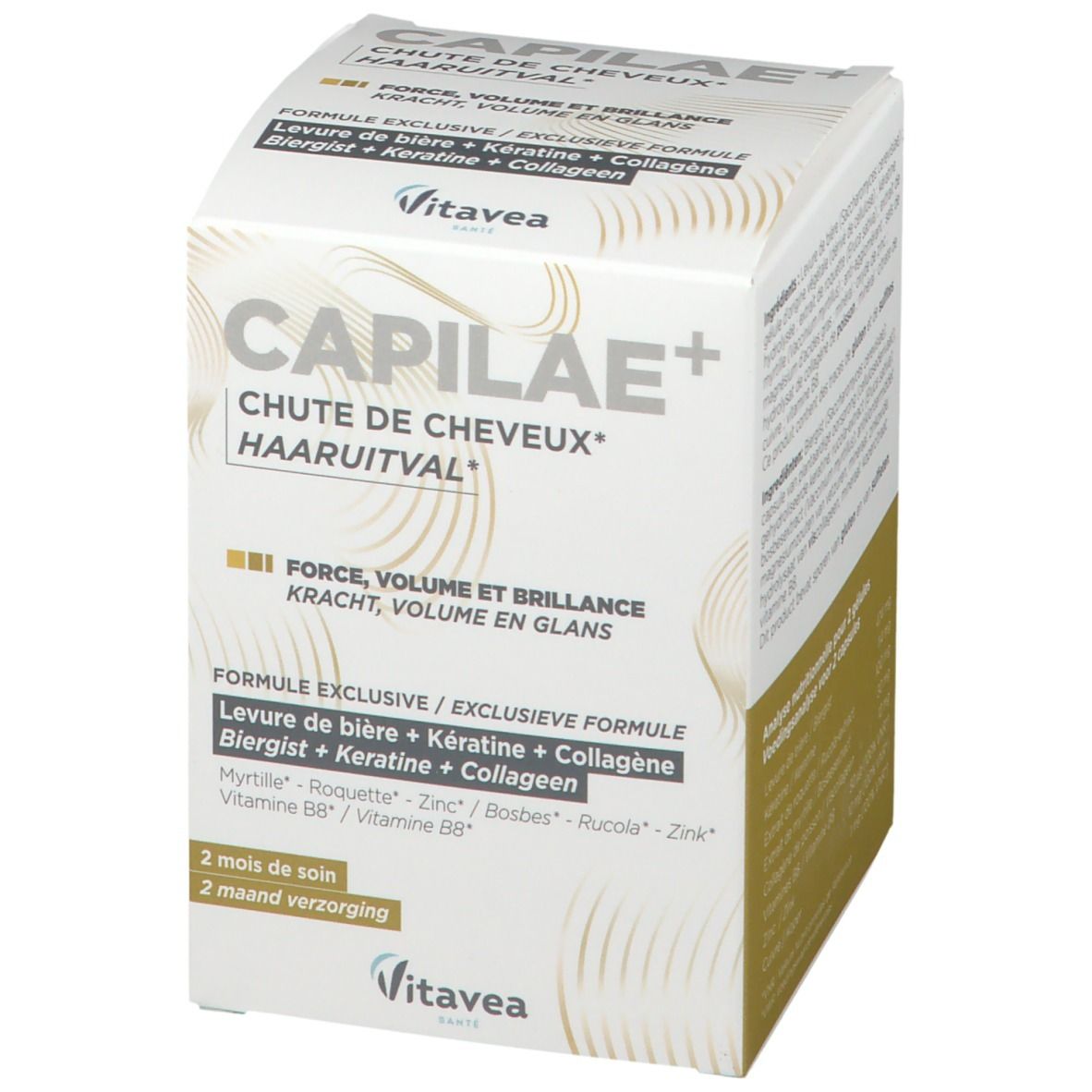 Boîte CAPILAE+ CHUTE DE CHEVEUX. Texte: Force, volume et brillance. Marque Vitae. 2 mois de soin. Formule exclusive.