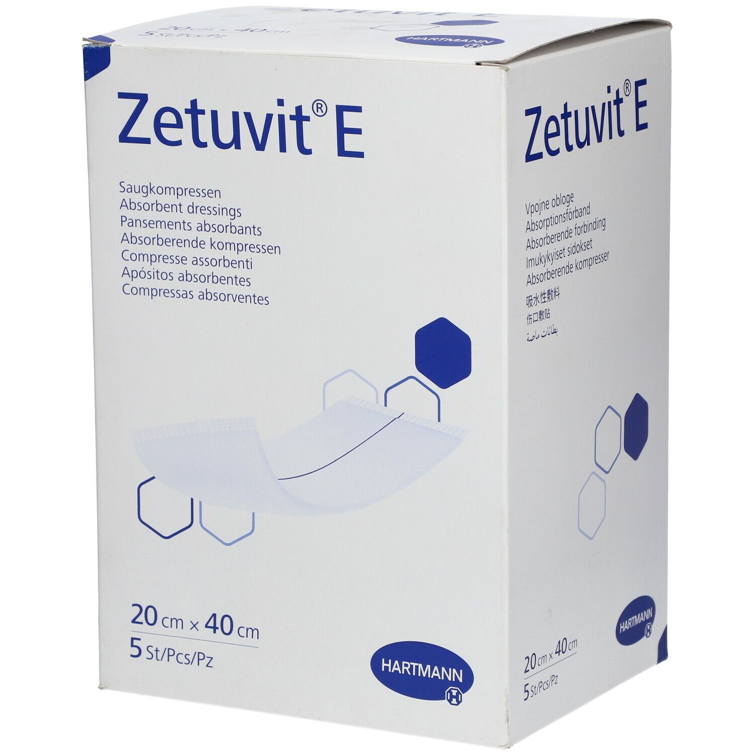 Zetuvit® E, 20 x 40 cm, 5 pièces. Compresses absorbantes en boîte. Logo Hartmann.