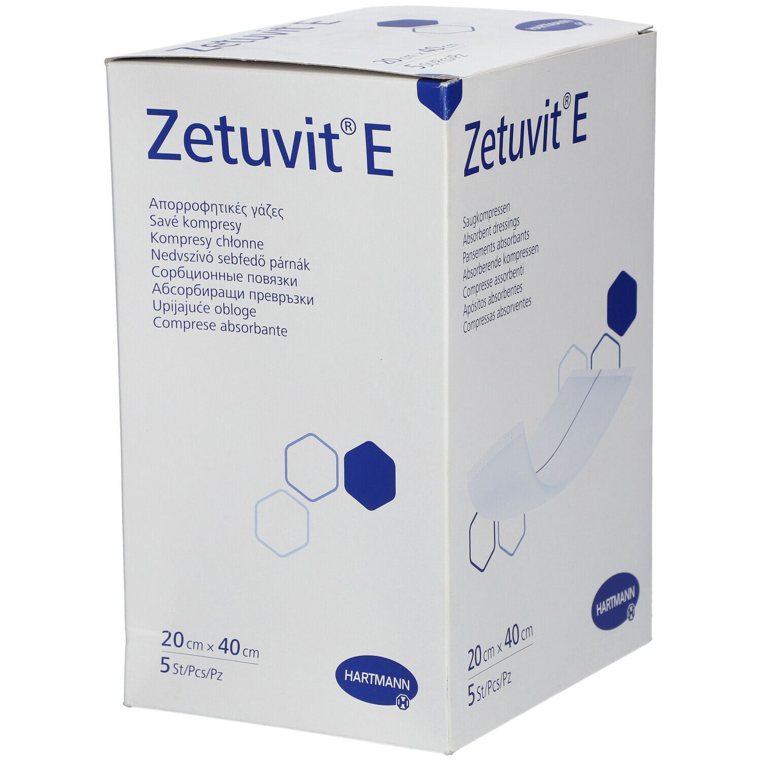 Zetuvit® E, 20 x 40 cm, 5 pièces. Compresses absorbantes en boîte. Logo Hartmann.