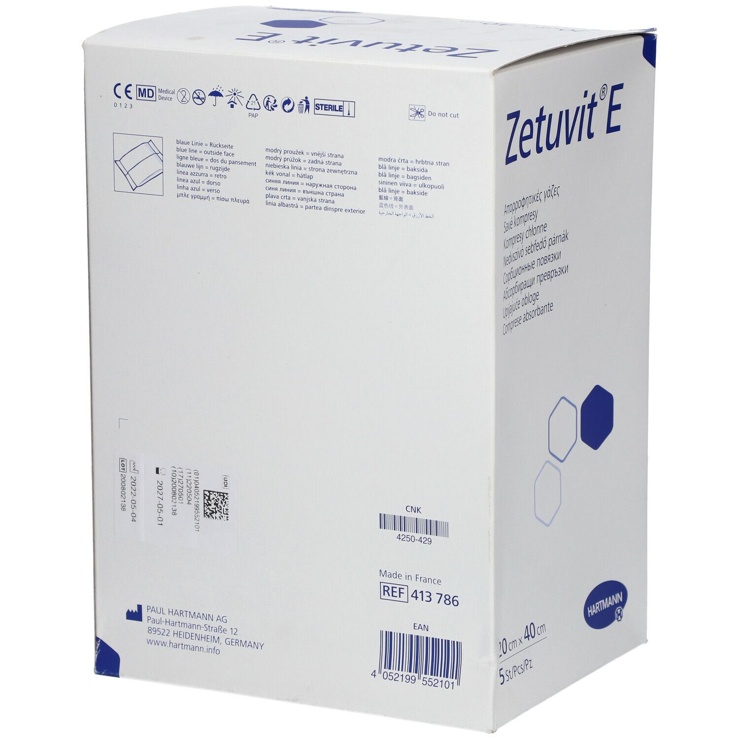 Dos de l'emballage Zetuvit® E. Informations produit, adresse fabricant, numéro de lot, marquage CE, stérile.