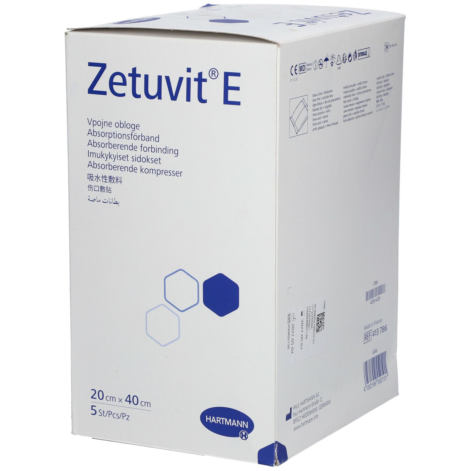 Zetuvit® E, 20 x 40 cm, 5 pièces. Compresses absorbantes en boîte. Logo Hartmann.