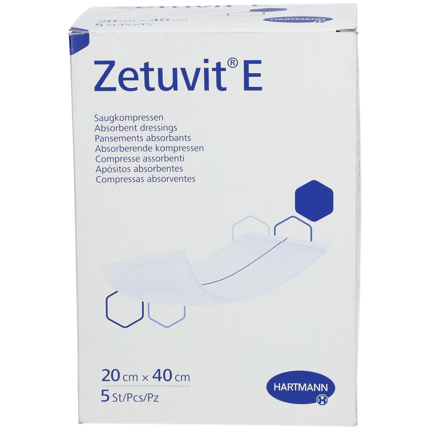Zetuvit® E, 20 x 40 cm, 5 pièces. Compresses absorbantes en boîte. Logo Hartmann.