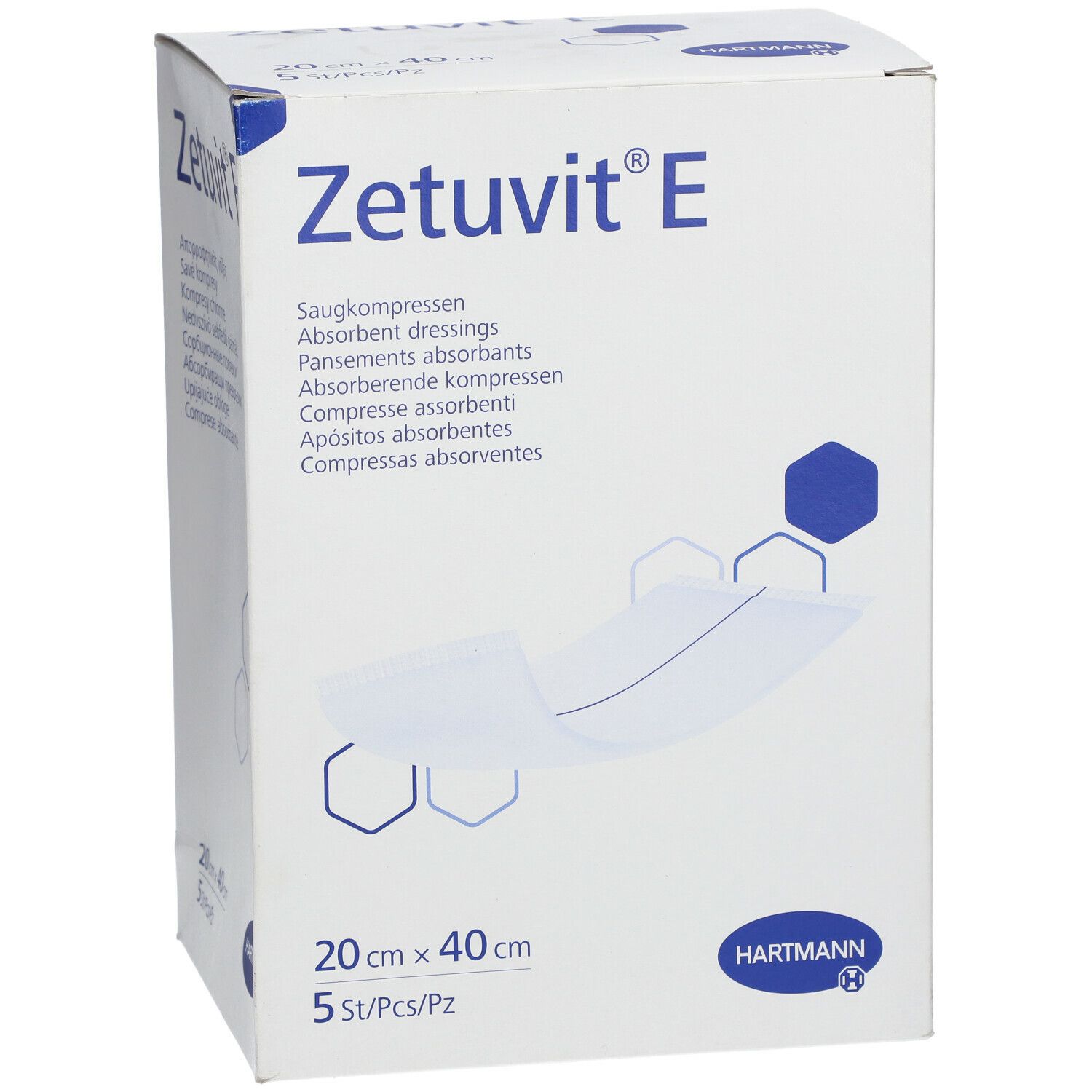 Zetuvit® E, 20 x 40 cm, 5 pièces. Compresses absorbantes en boîte. Logo Hartmann.