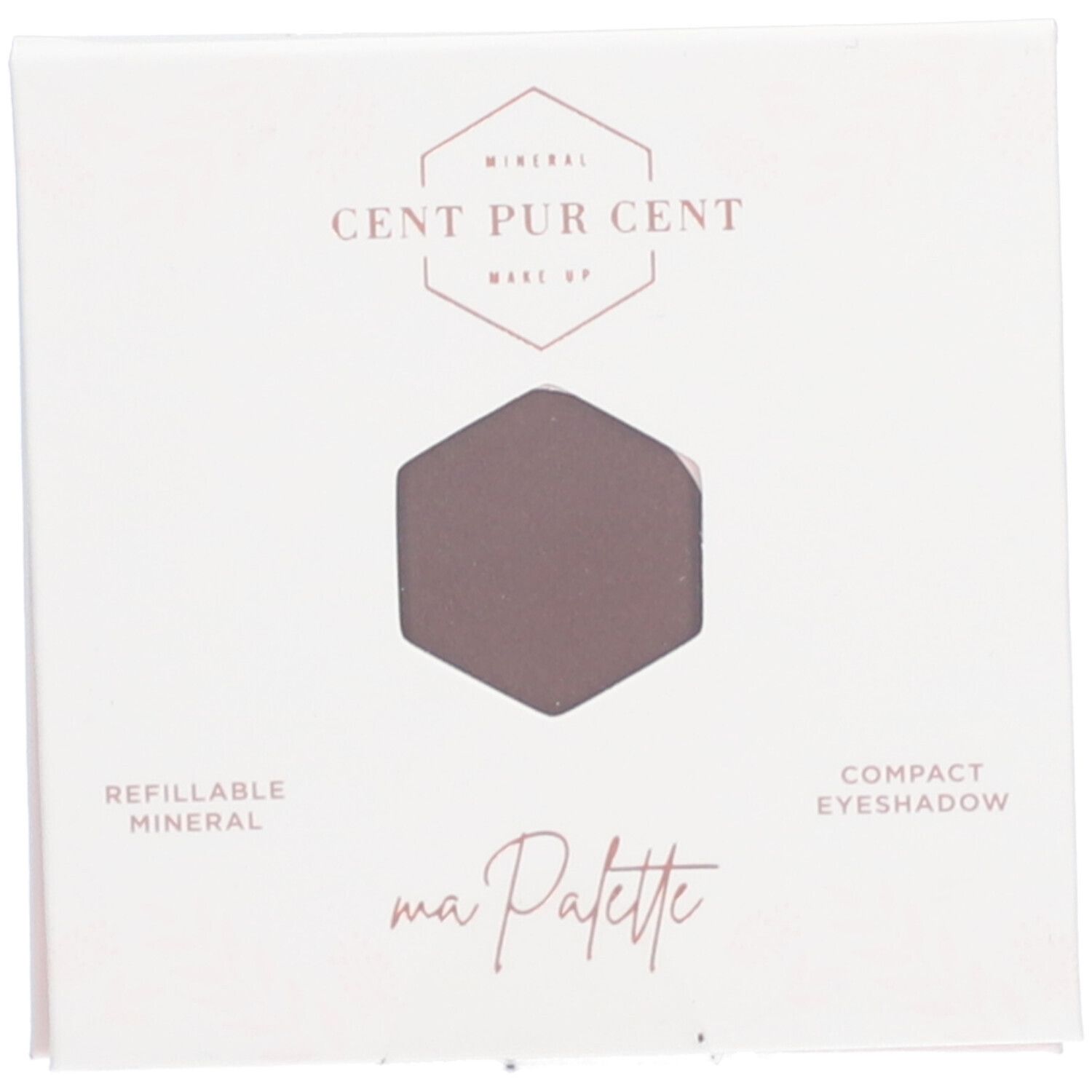 Fard à paupières compact hexagonal. Rechargeable minéral. Marque CENT PUR CENT. Emballage blanc.