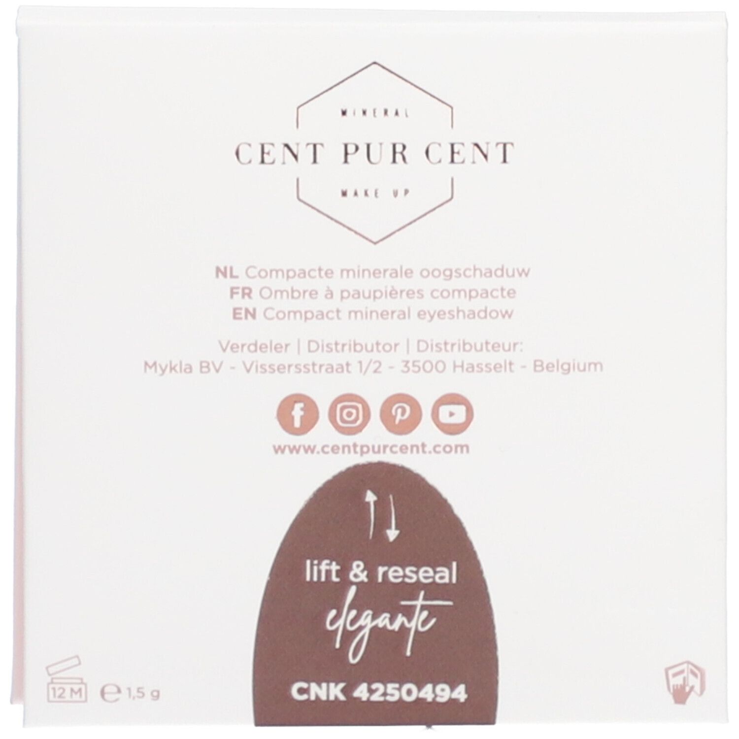 Dos de l'emballage. Texte: Compacte minerale oogschaduw, Ombre à paupières compacte, Compact mineral eyeshadow. Adresse.
