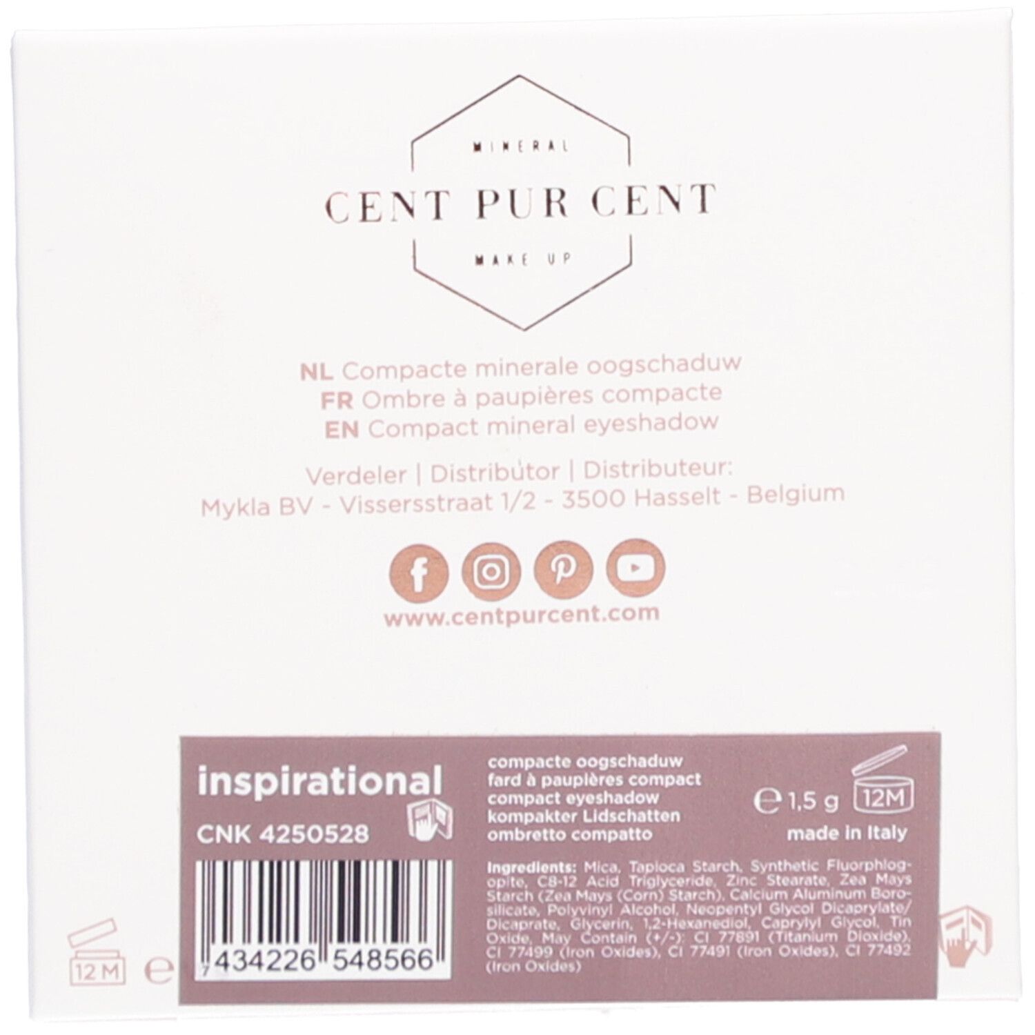 Achterkant van de oogschaduwverpakking. Tekst in meerdere talen, ingrediënten en logo.
