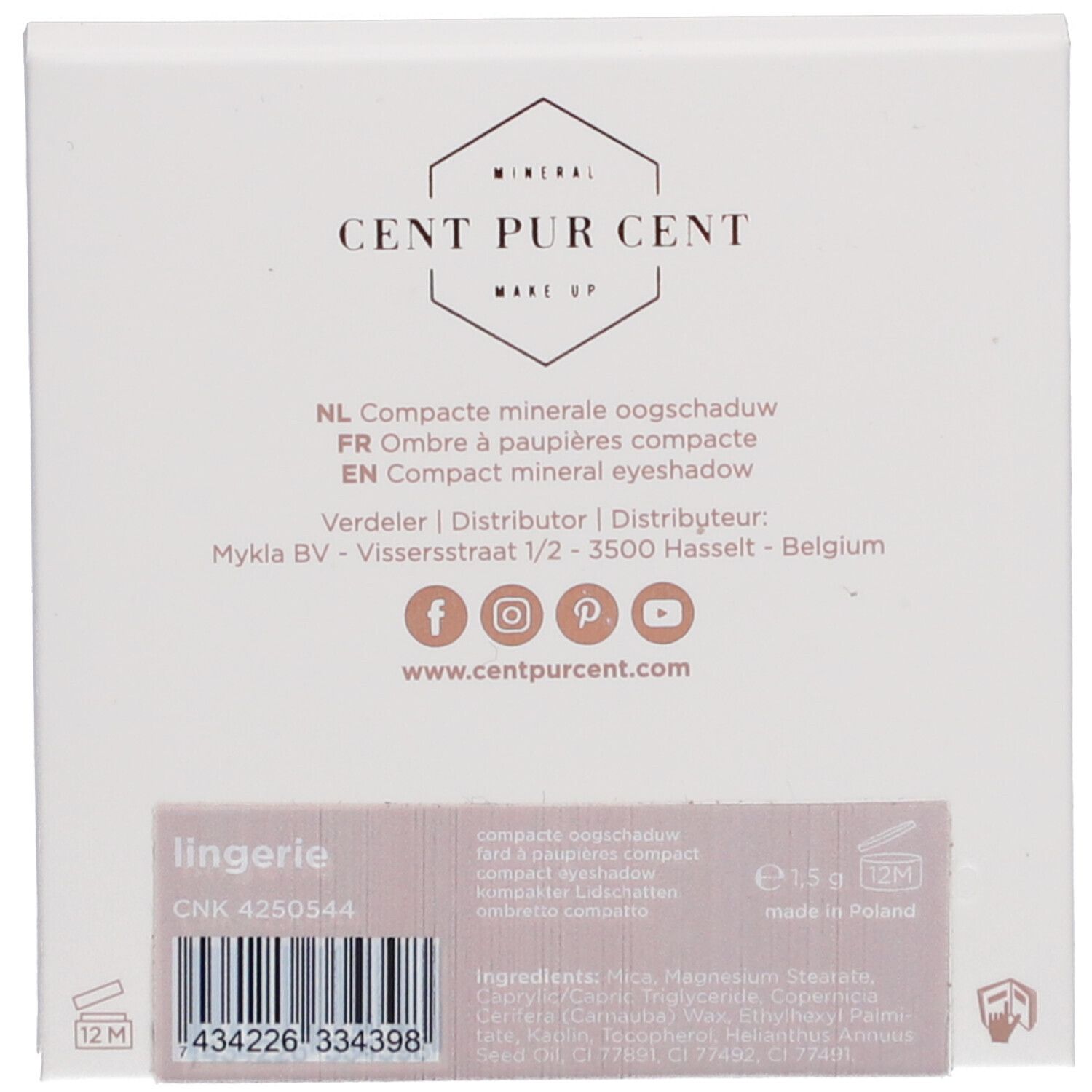 Rückseite der Kompaktlidschatten-Verpackung. Text: Cent Pur Cent, Compact mineral eyeshadow, Lingerie, CNK 4250544, 12M.