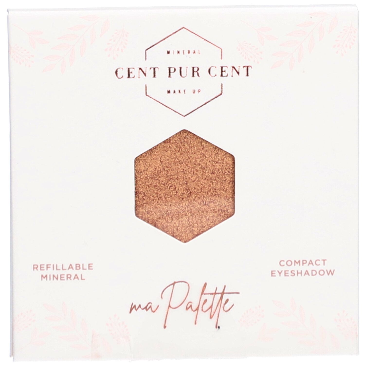 Palette de fard à paupières compacte avec encoche hexagonale. Marque: Cent Pur Cent. Texte: Refillable Mineral, Compact Eyeshadow.
