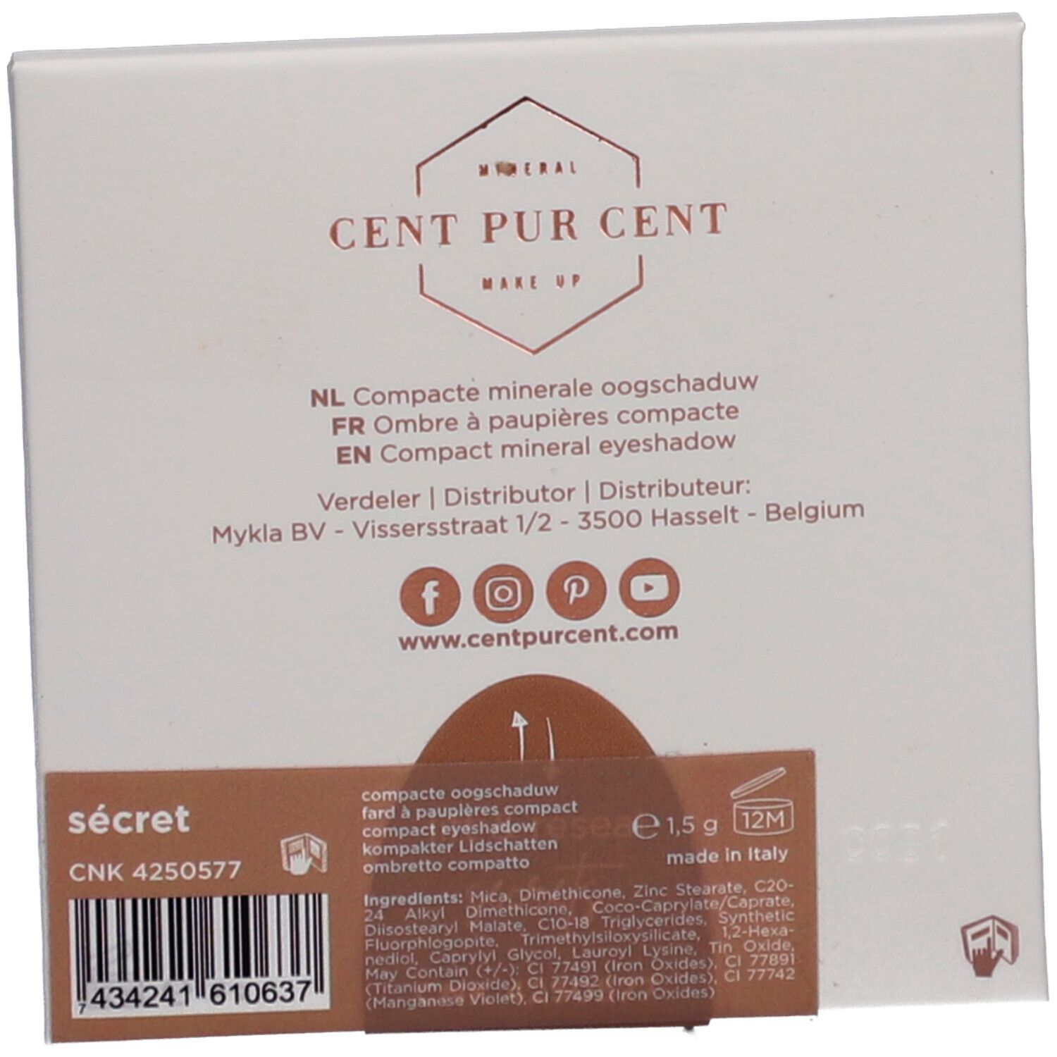 Dos du packaging de fard à paupières. Marque: Cent Pur Cent. Texte: Compact mineral eyeshadow, Ingrédients, CNK 4250577.