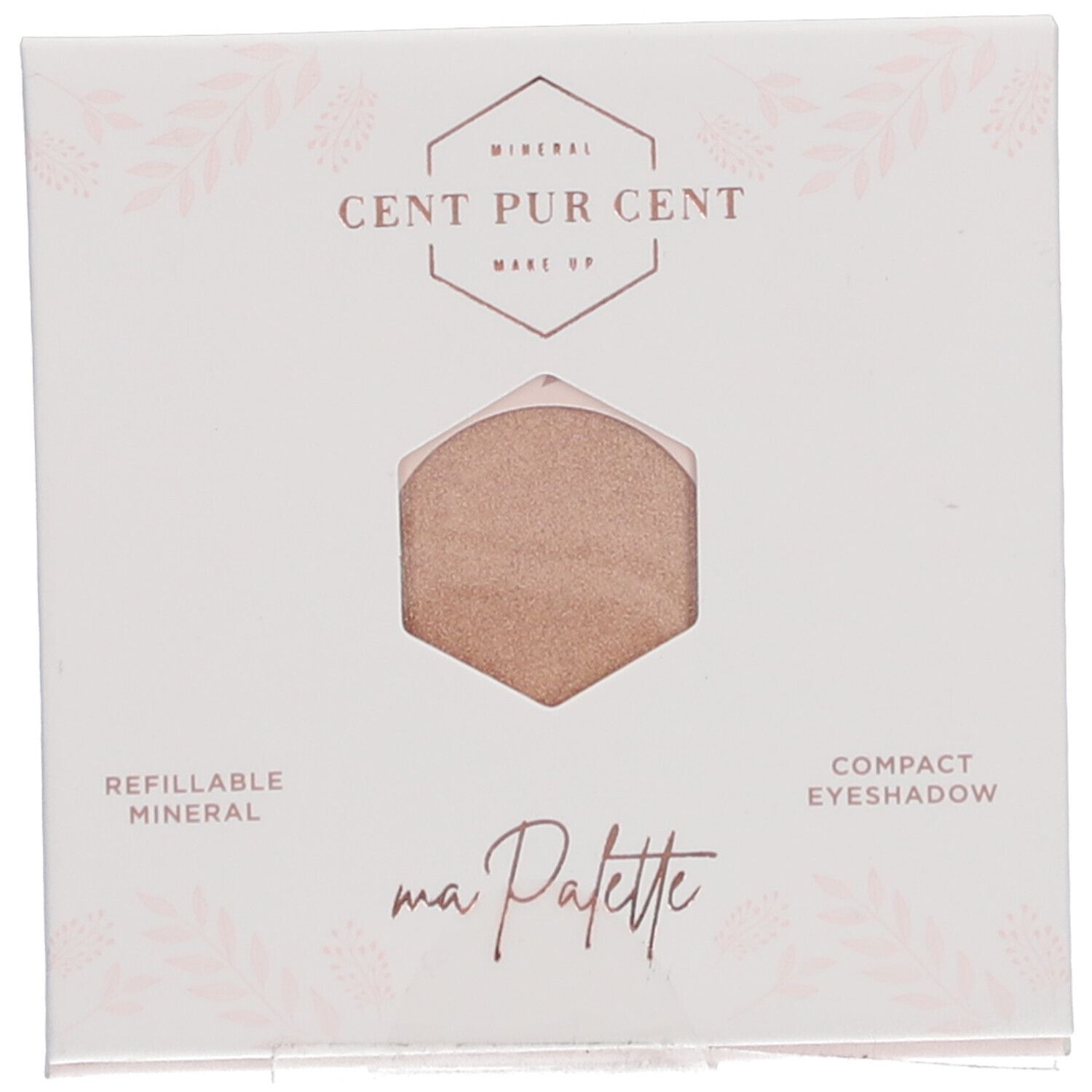 Palette de fard à paupières compacte blanche. Visible : nom du produit, désignation, découpe hexagonale avec fard à paupières.