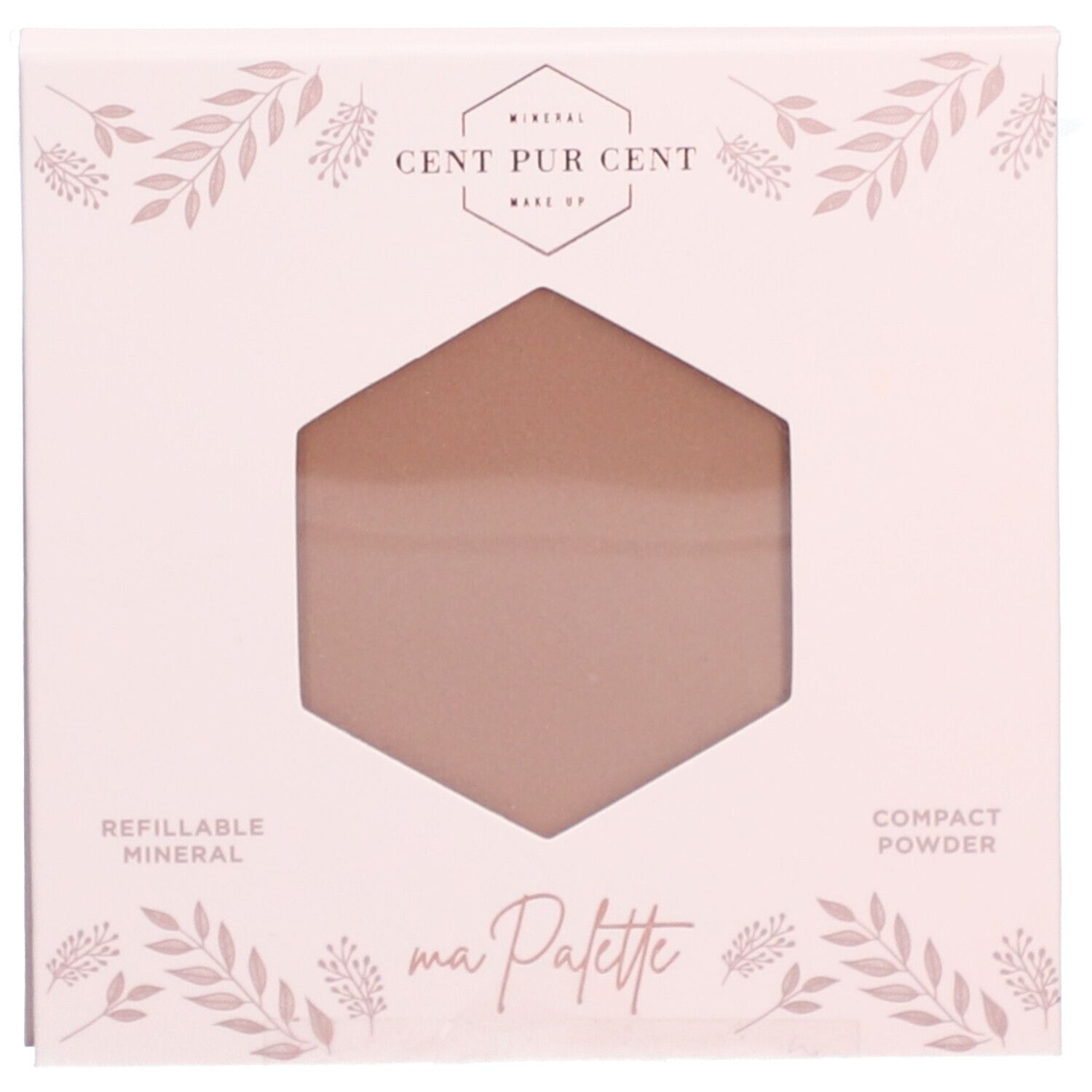 Poudre compacte claire dans une découpe hexagonale. Emballage rose avec éléments floraux et texte CENT PUR CENT.