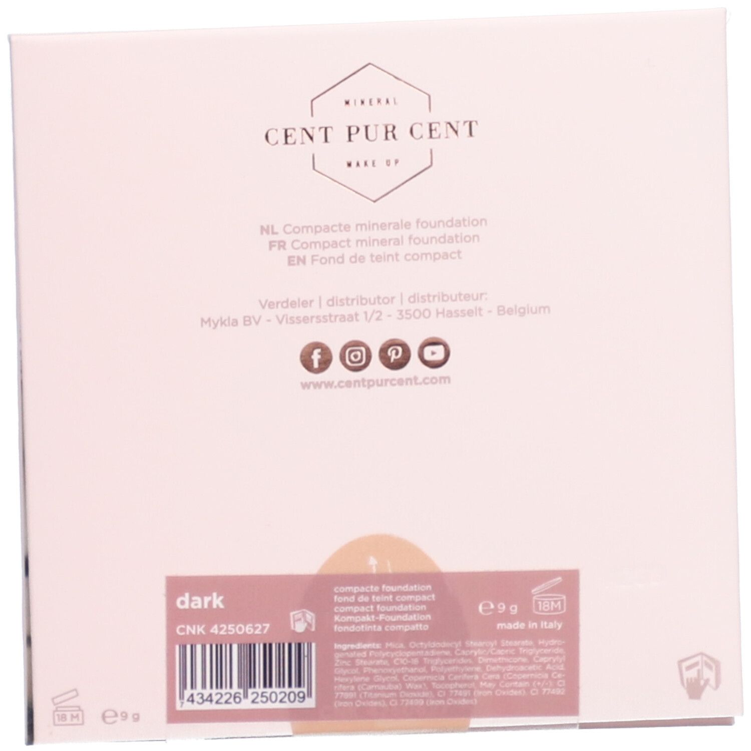 Dos de l'emballage avec informations produit. Texte en néerlandais, français et anglais. Logo CENT PUR CENT.