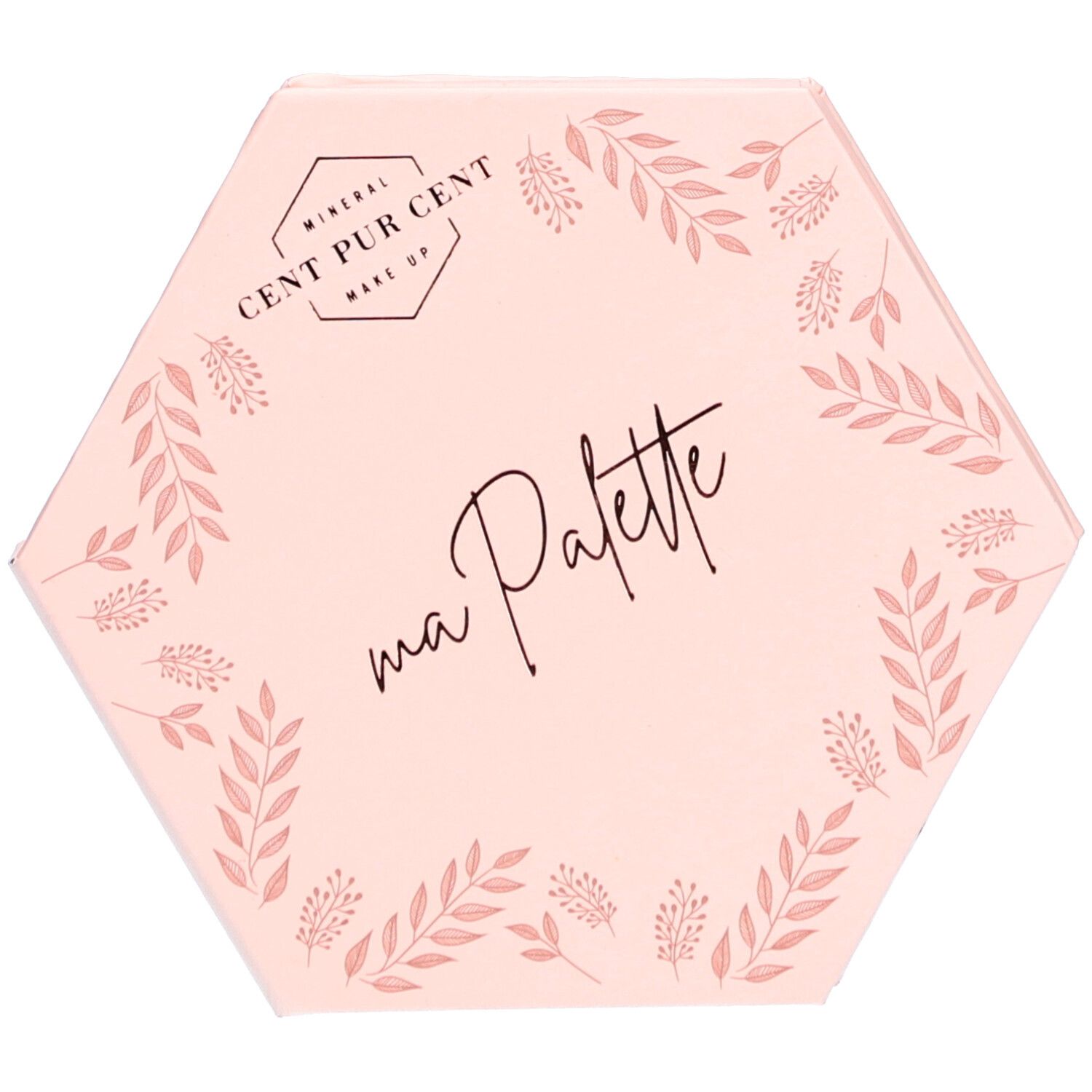 Zeshoekige, roze make-up palette met bloemenpatroon en opschrift "ma Palette". Logo "Cent Pur Cent" linksboven.