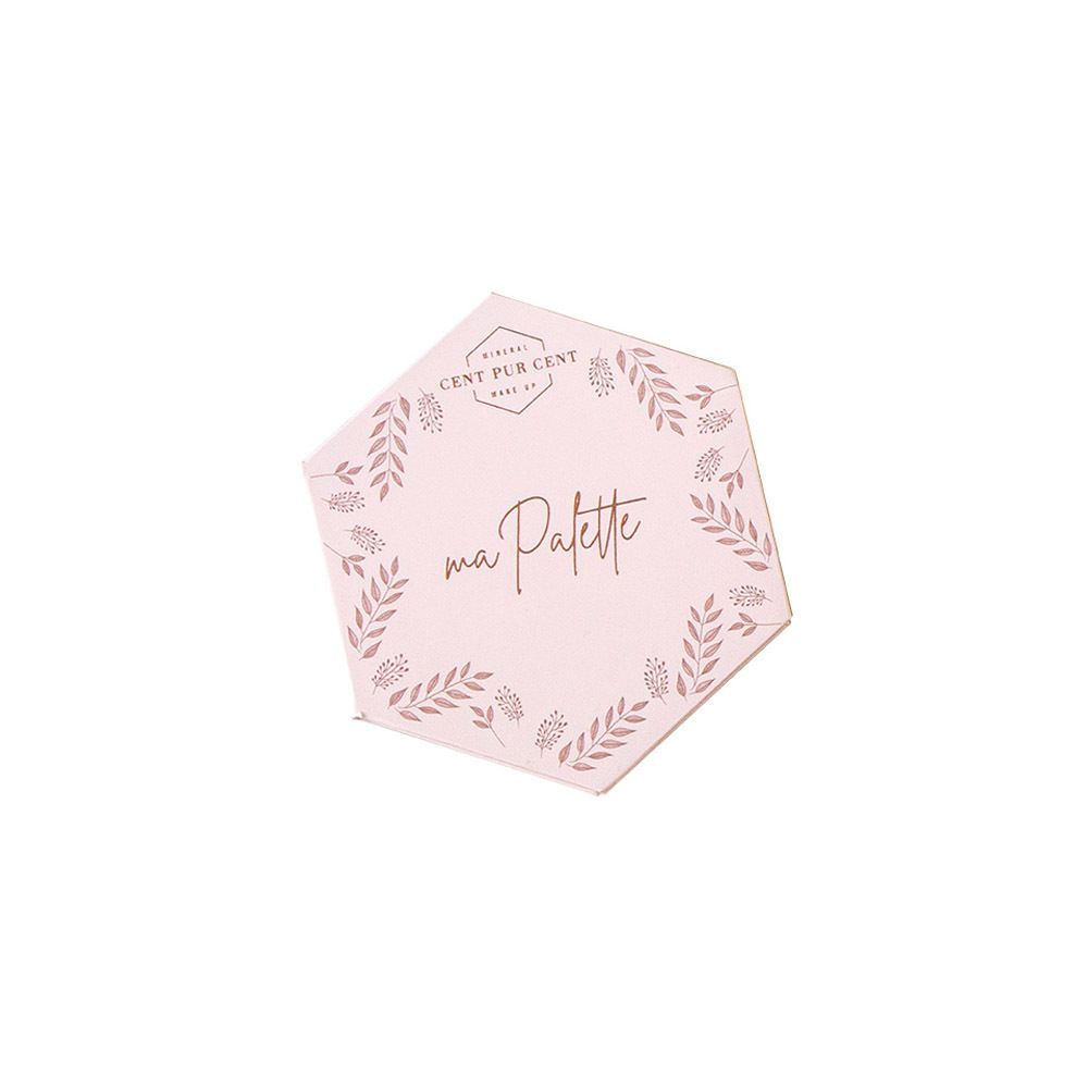 Gesloten, roze make-up palette met bloemenpatroon en opschrift "ma Palette". Logo "Cent Pur Cent" linksboven.