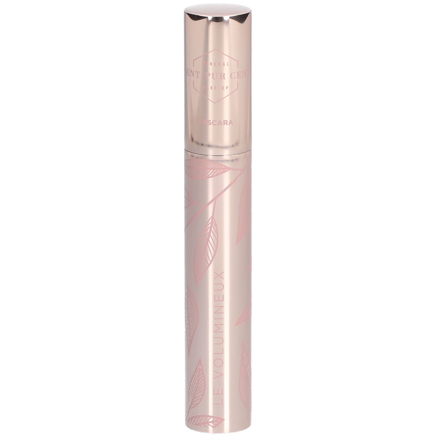 Tube de mascara rose avec motif de feuilles et bouchon argenté. Inscription : CENT PUR CENT, Mascara, LE VOLUMINEUX.
