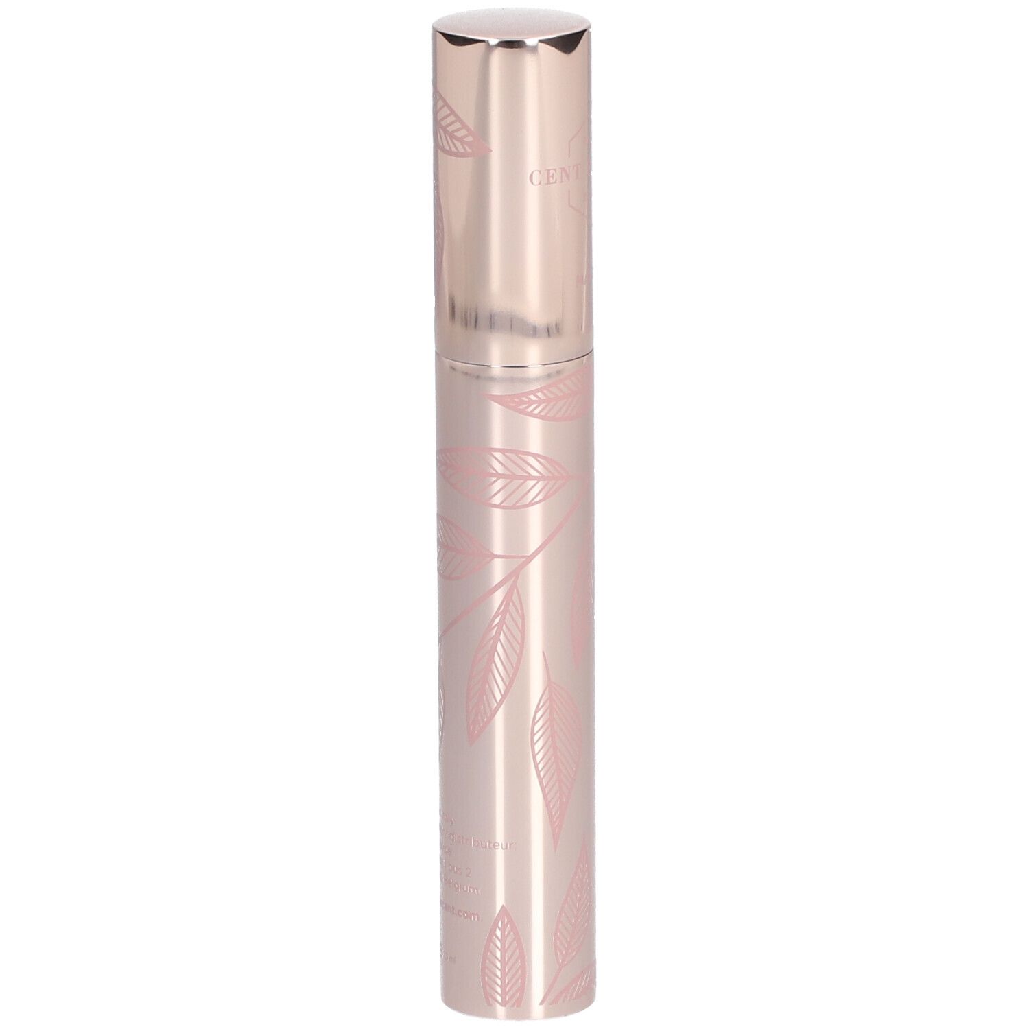 Tube de mascara rose avec motif de feuilles et bouchon argenté. Inscription : CENT PUR CENT, Mascara, LE VOLUMINEUX.