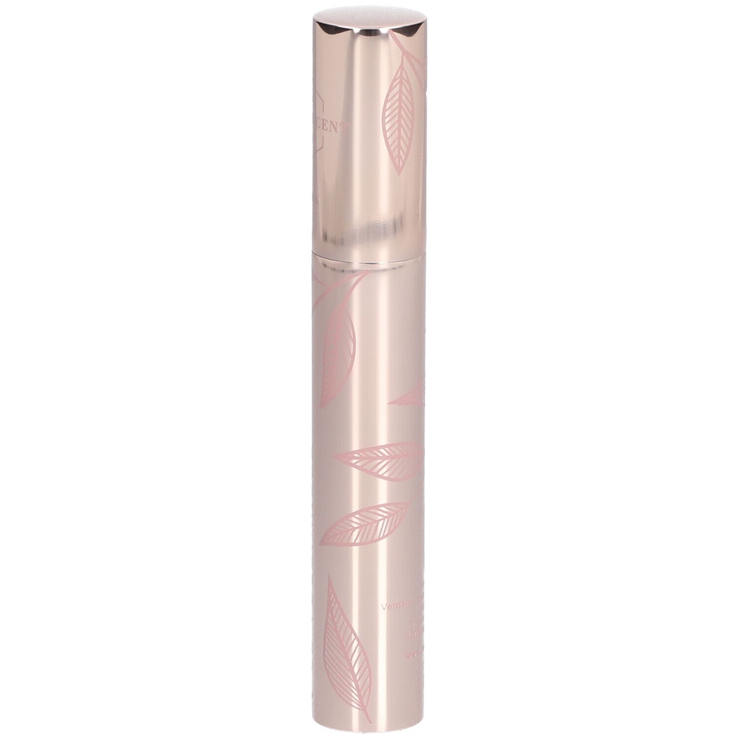 Tube de mascara rose avec motif de feuilles et bouchon argenté. Inscription : CENT PUR CENT, Mascara, LE VOLUMINEUX.