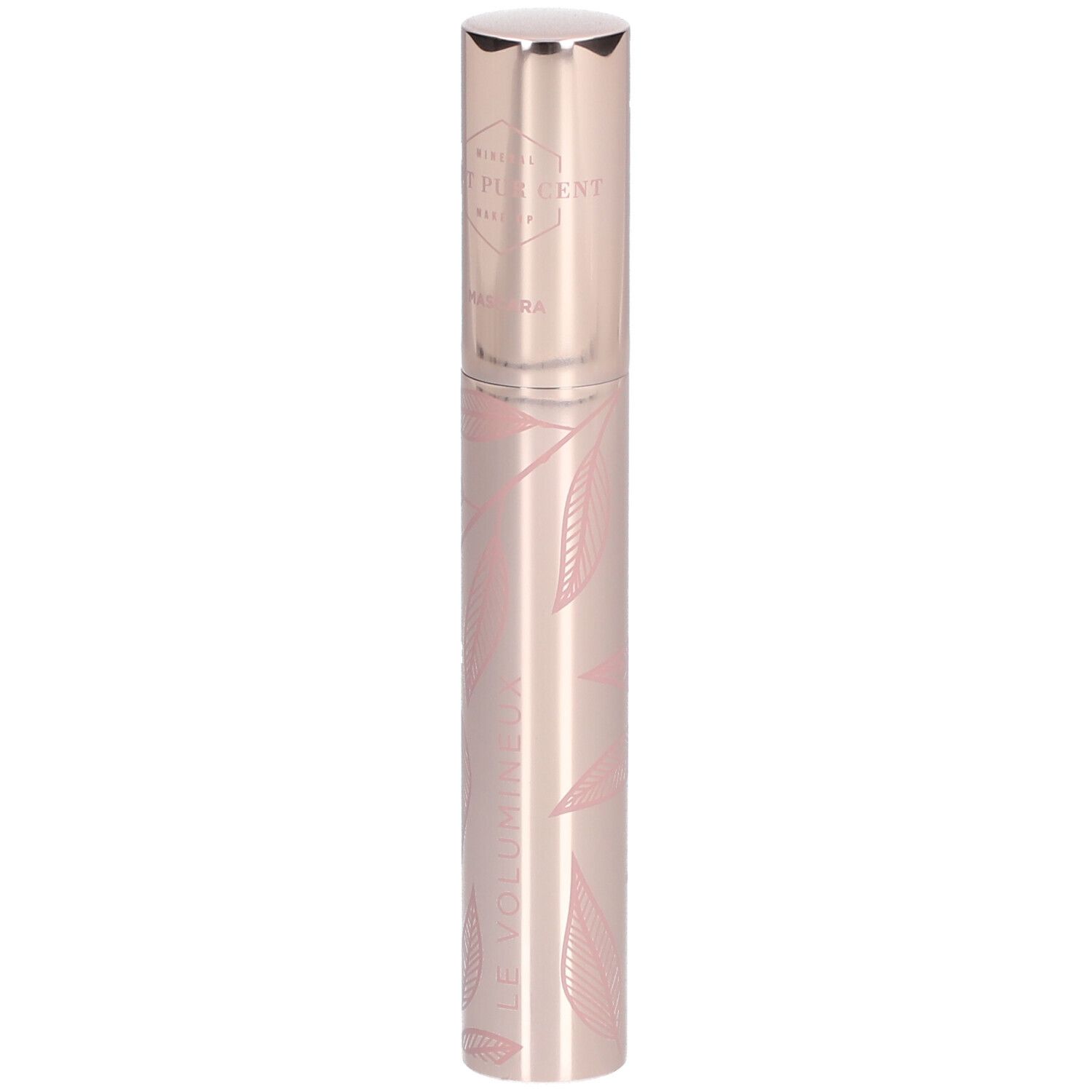 Tube de mascara rose avec motif de feuilles et bouchon argenté. Inscription : CENT PUR CENT, Mascara, LE VOLUMINEUX.