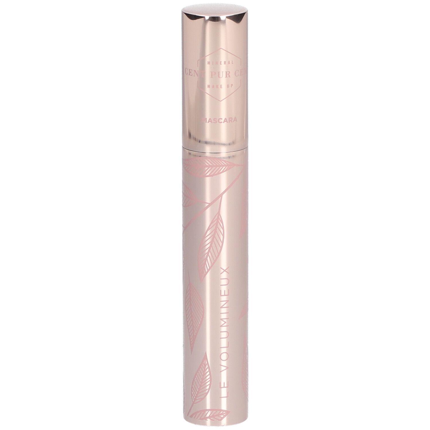 Tube de mascara rose avec motif de feuilles et bouchon argenté. Inscription : CENT PUR CENT, Mascara, LE VOLUMINEUX.