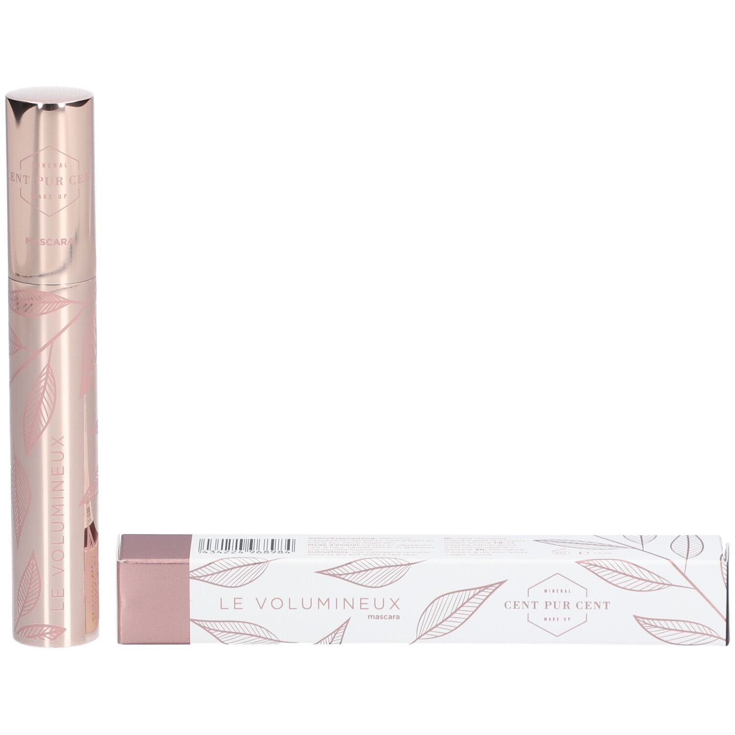 Tube de mascara et emballage. Tube rose avec motif de feuilles. Emballage blanc avec accents roses et motif de feuilles.