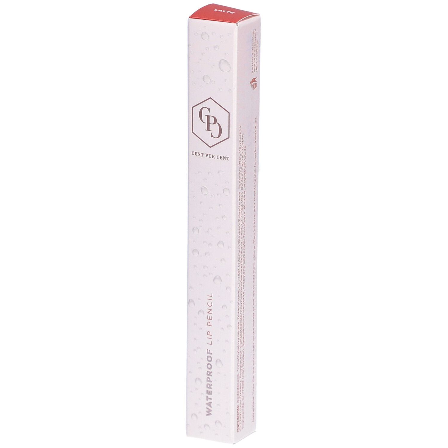 Schmale, längliche Verpackung. Oben steht "Latte". Logo und Schriftzug "Cent Pur Cent" und "Waterproof Lip Pencil".