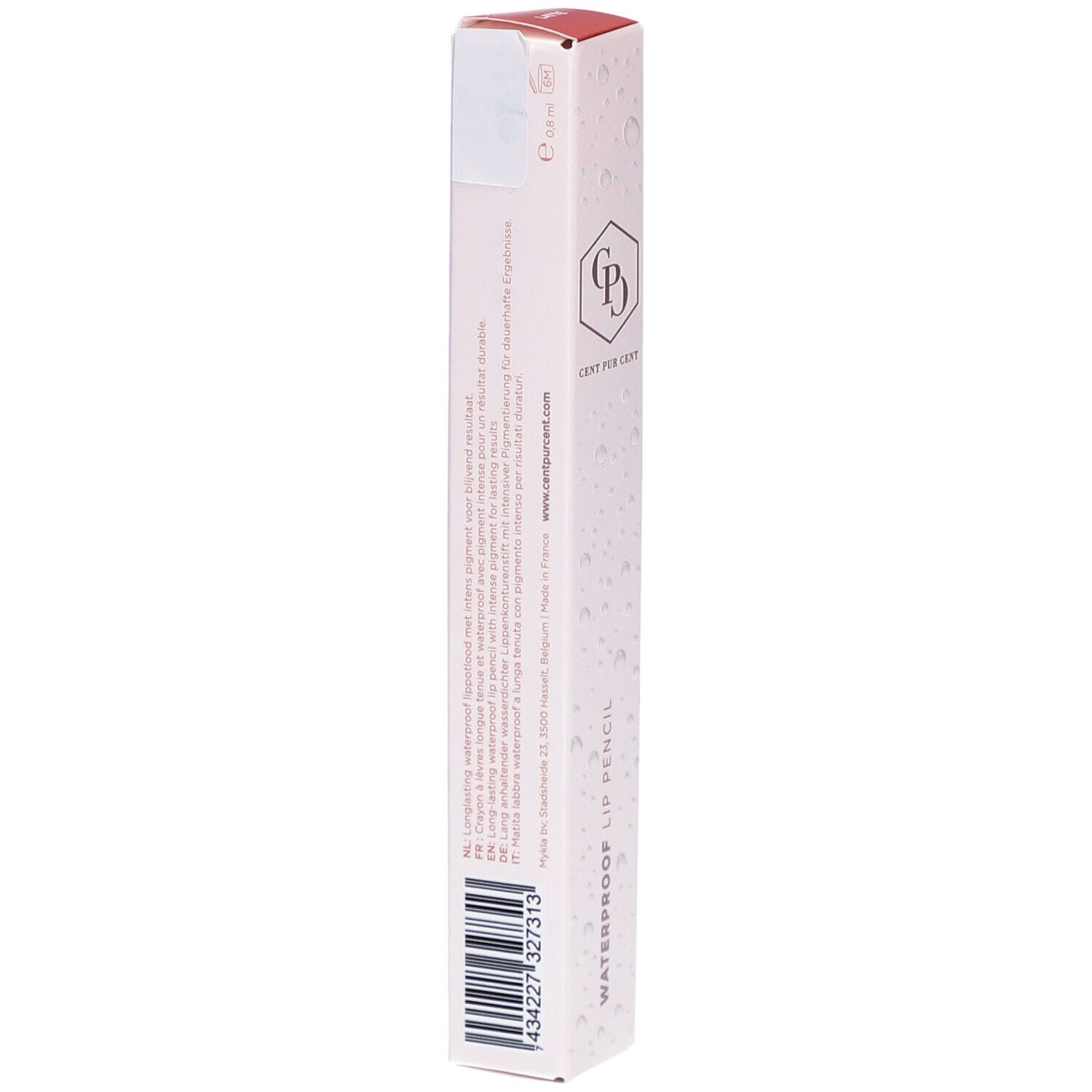 Schmale, längliche Verpackung. Text mit Inhaltsstoffen und Barcode. Logo und Schriftzug "Cent Pur Cent" und "Waterproof Lip Pencil".