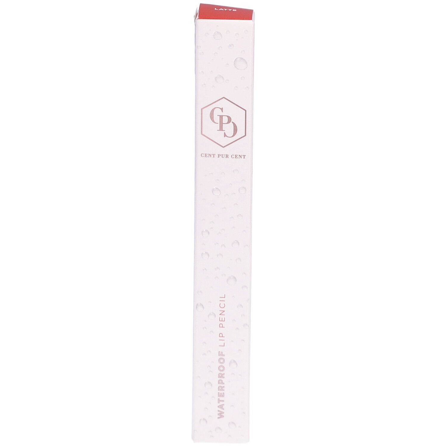 Schmale, längliche Verpackung. Oben steht "Latte". Logo und Schriftzug "Cent Pur Cent" und "Waterproof Lip Pencil".