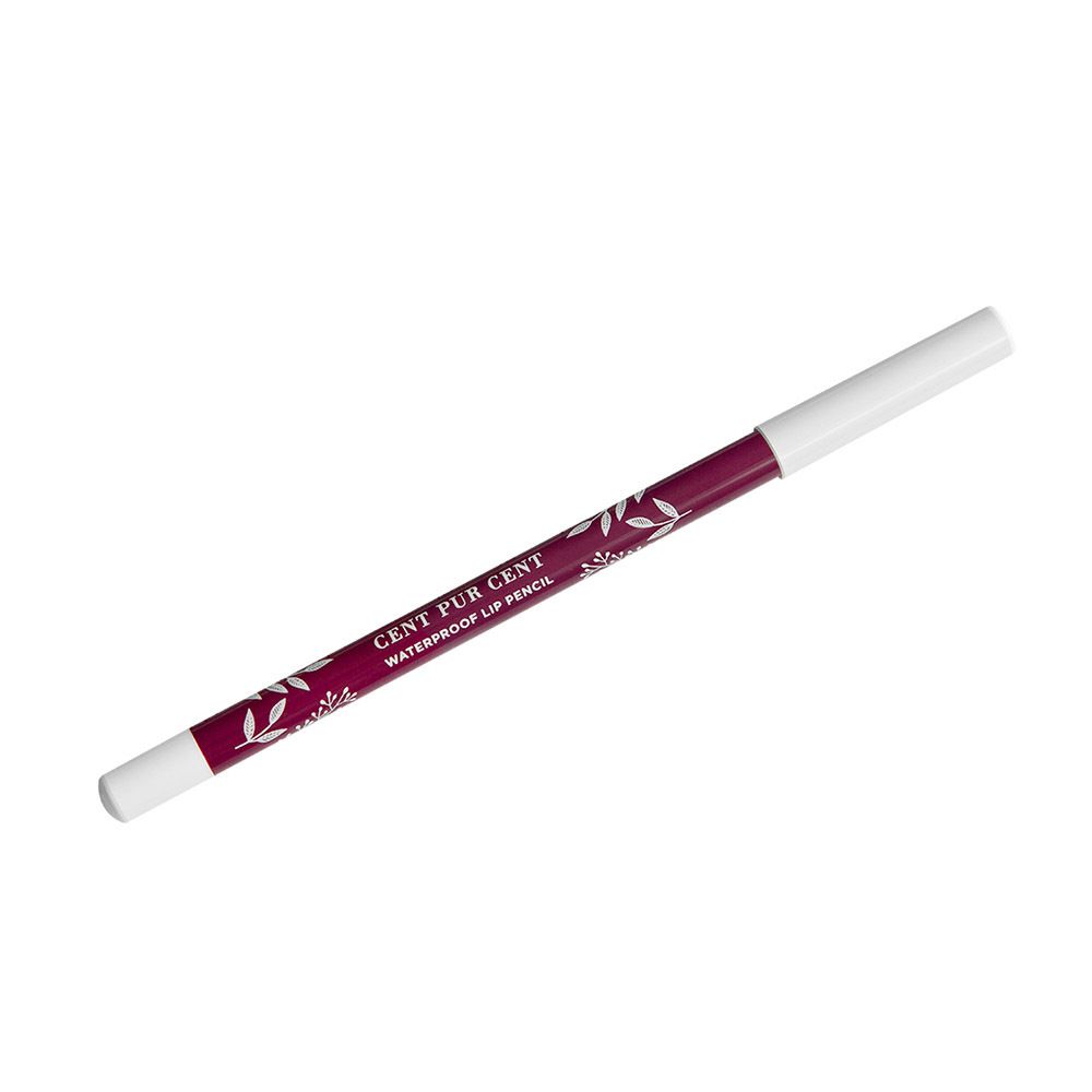 Crayon à lèvres avec extrémité blanche. Inscription: CENT PUR CENT WATERPROOF LIP PENCIL. Couleur: rouge.