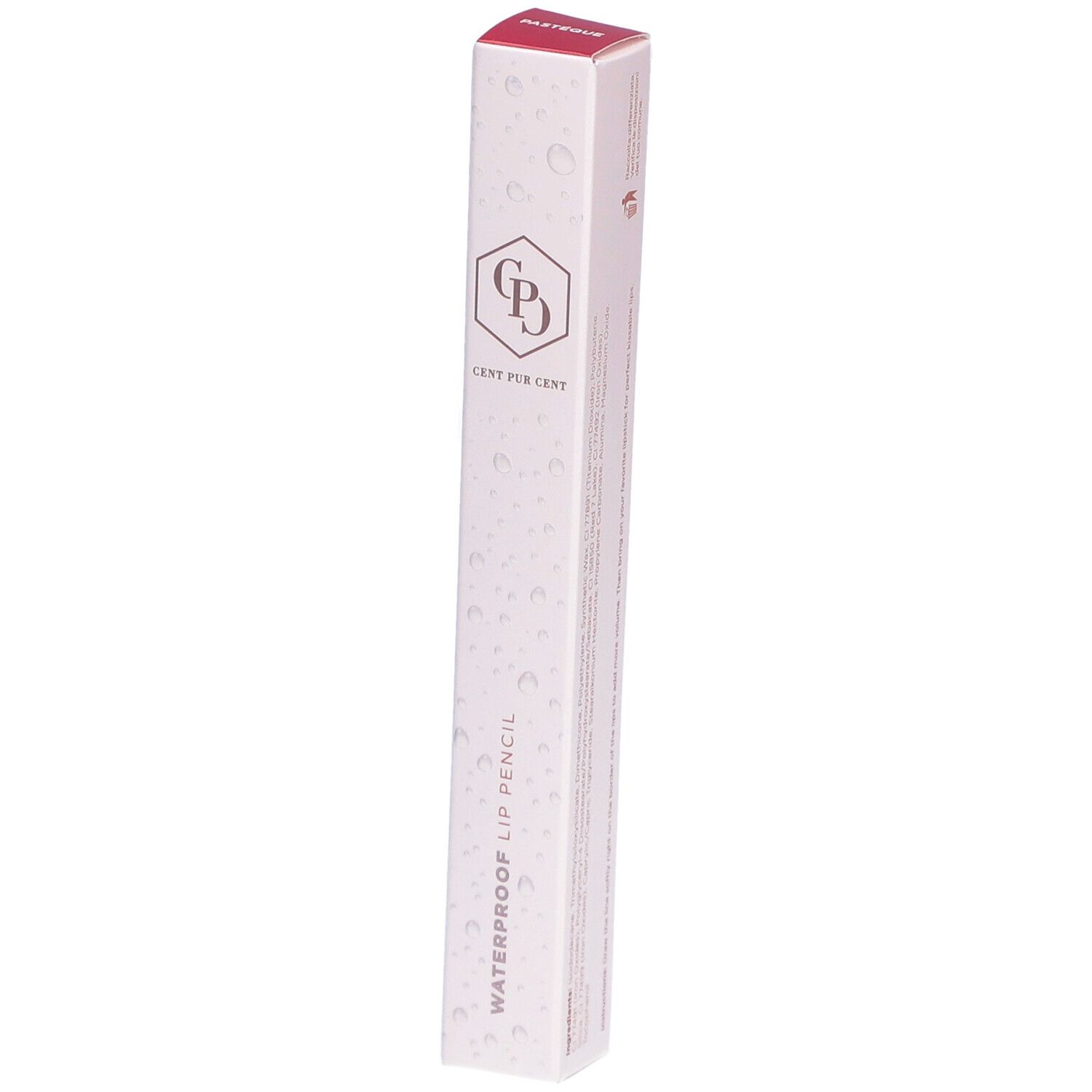Schmale, längliche Verpackung. Aufschrift: WATERPROOF LIP PENCIL, Logo, CENT PUR CENT. Farbton: Rosa.