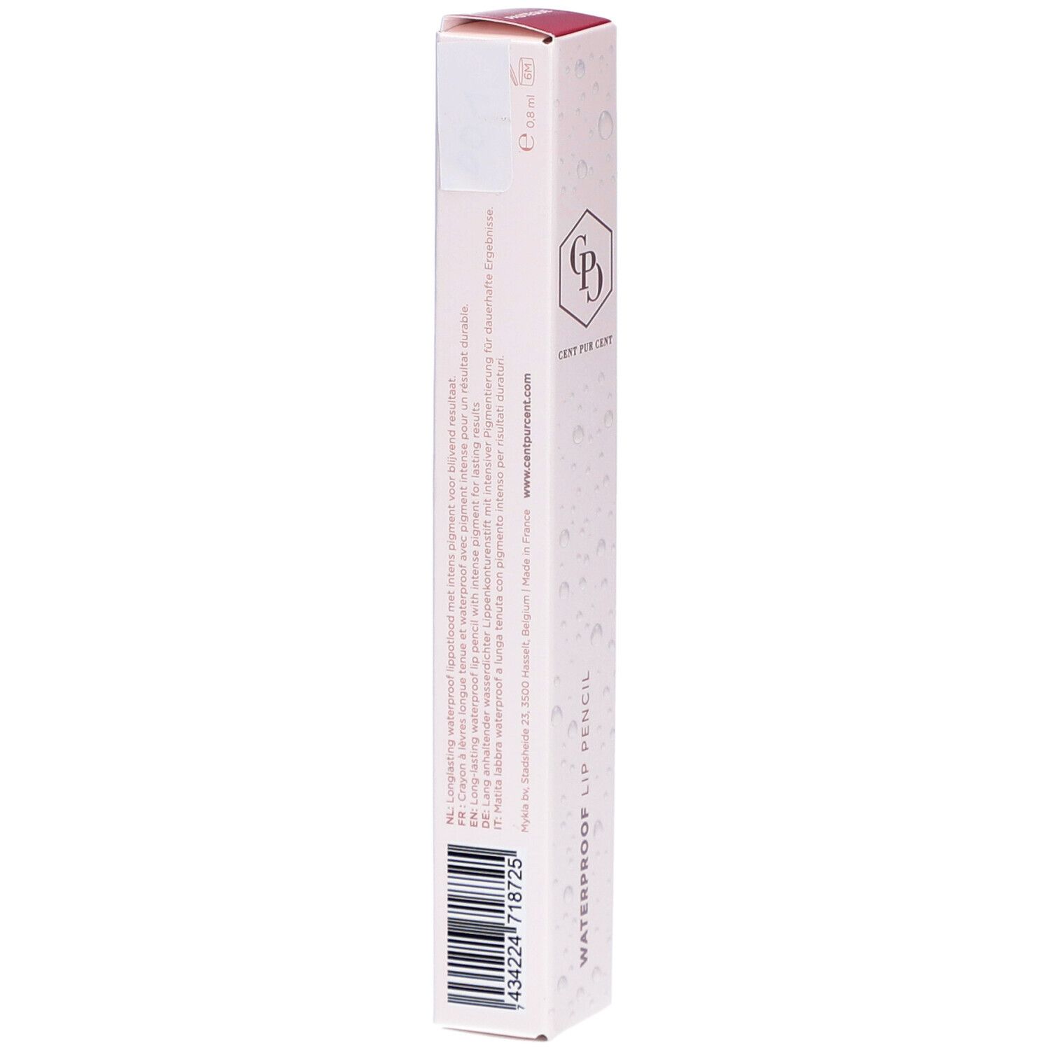 Schmale, längliche Verpackung. Aufschrift: WATERPROOF LIP PENCIL, Logo, CENT PUR CENT. Text in mehreren Sprachen. Farbton: Rosa.