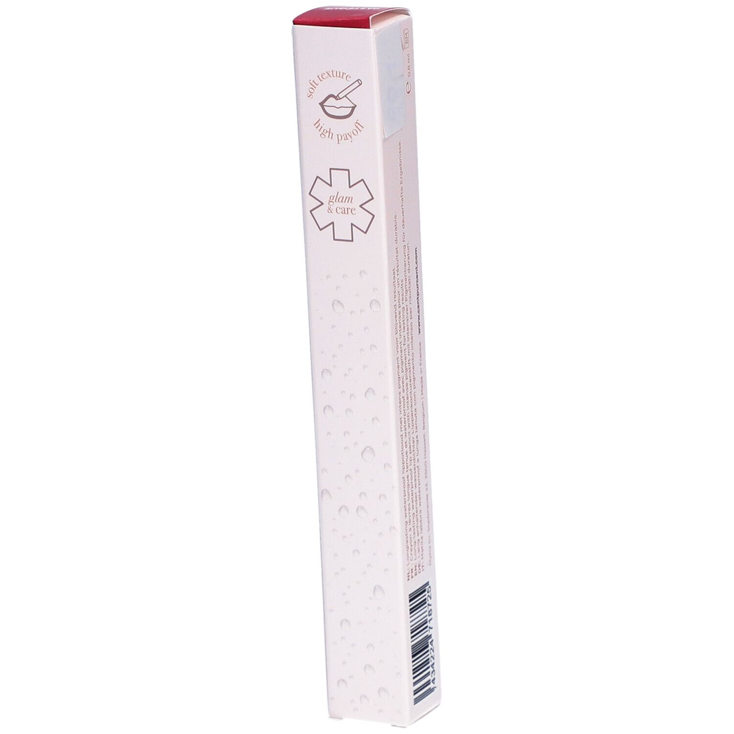 Schmale, längliche Verpackung. Aufschrift: WATERPROOF LIP PENCIL, Logo, CENT PUR CENT. Symbole. Farbton: Rosa.