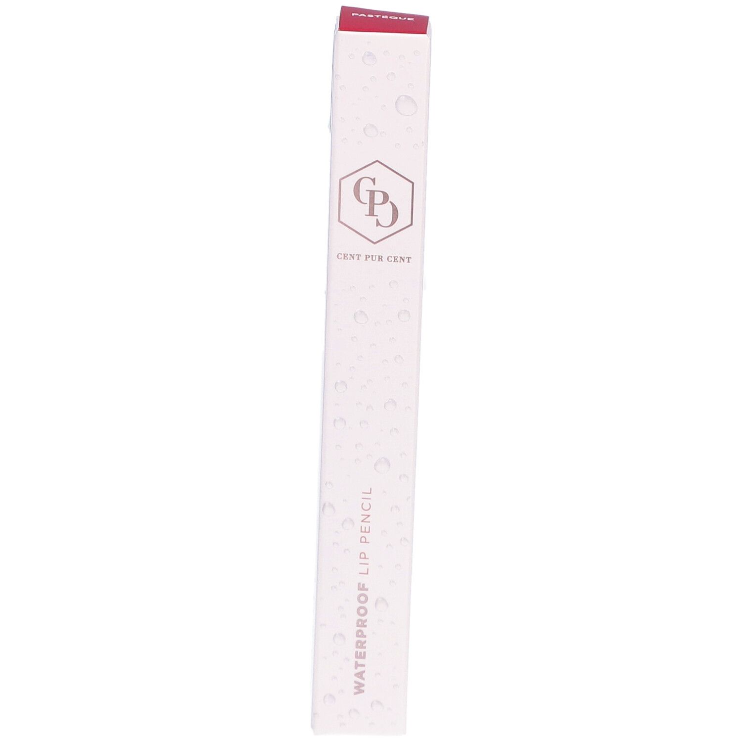 Schmale, längliche Verpackung. Aufschrift: WATERPROOF LIP PENCIL, Logo, CENT PUR CENT. Farbton: Rosa.
