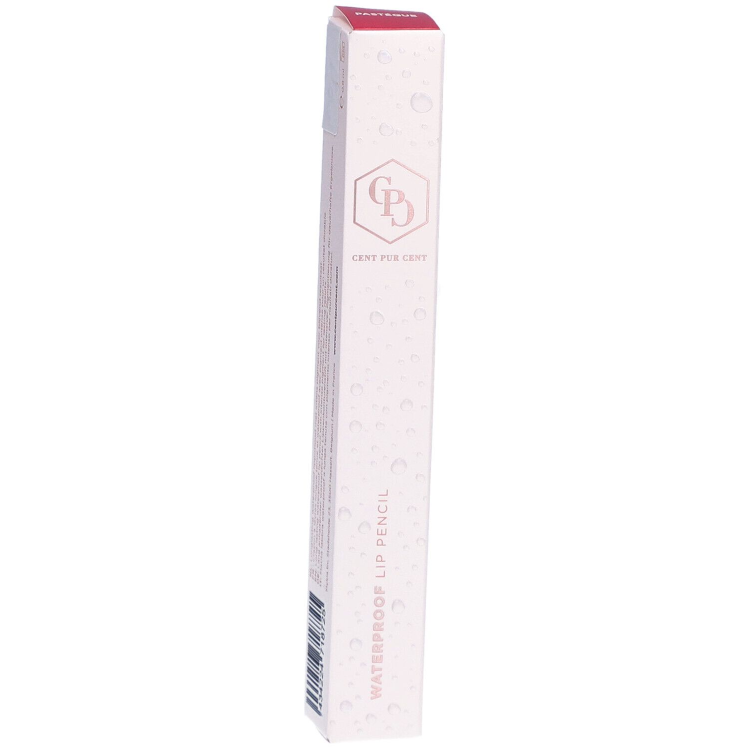 Schmale, längliche Verpackung. Aufschrift: WATERPROOF LIP PENCIL, Logo, CENT PUR CENT. Farbton: Rosa.