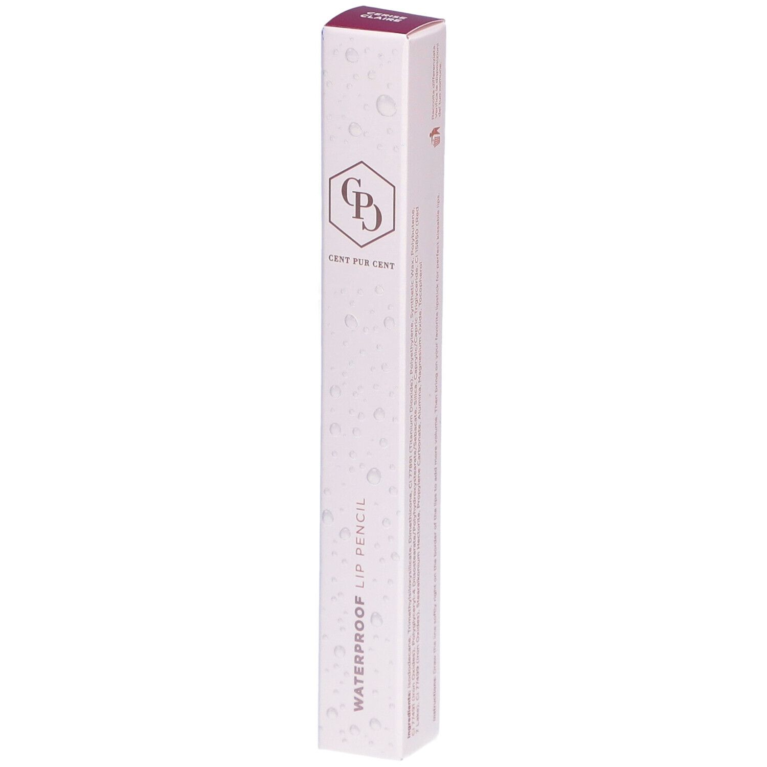 Schachtel mit Lippenstift. Marke Cent Pur Cent, Schriftzug Waterproof Lip Pencil. Weiß mit rosafarbenem Deckel.