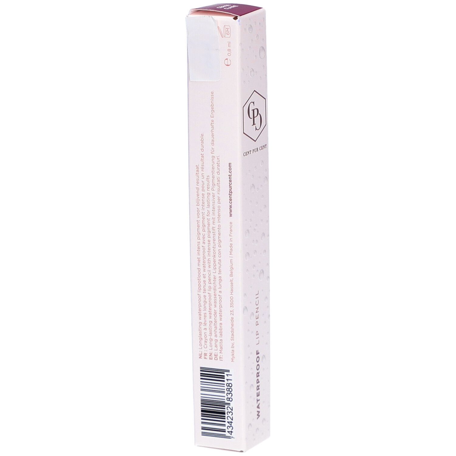 Rückseite der Lippenstift-Schachtel. Text in mehreren Sprachen. Barcode unten. Marke Cent Pur Cent.