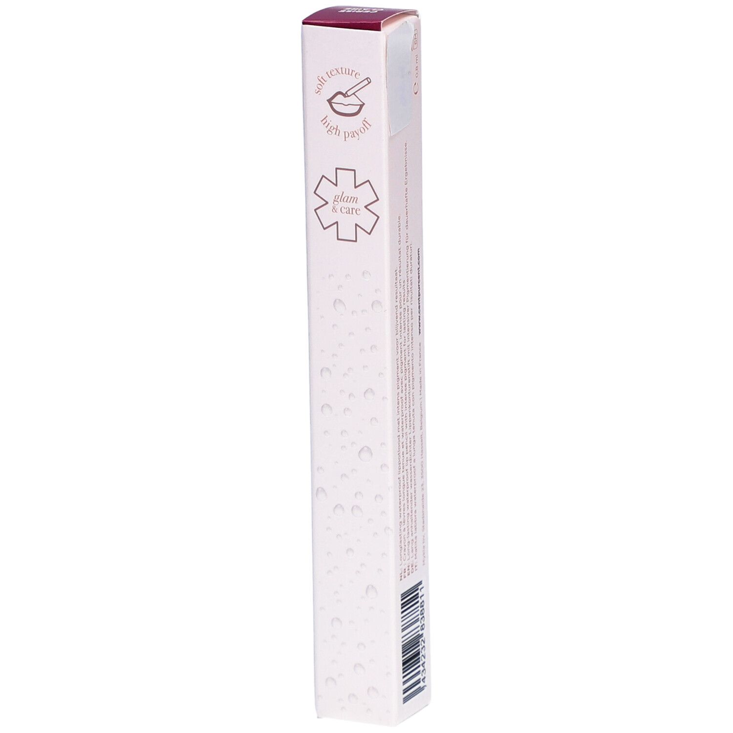Seite der Lippenstift-Schachtel. Text: soft texture, high payoff, plus & care. Marke Cent Pur Cent.