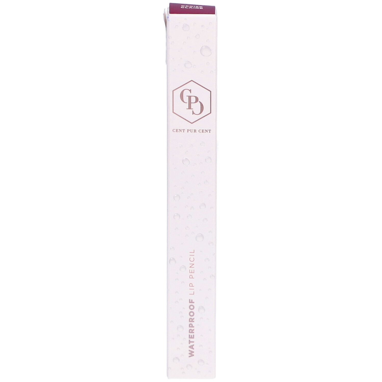 Lippenstift-Schachtel. Marke Cent Pur Cent, Schriftzug Cerise Claire. Weiß mit rosafarbenem Deckel.