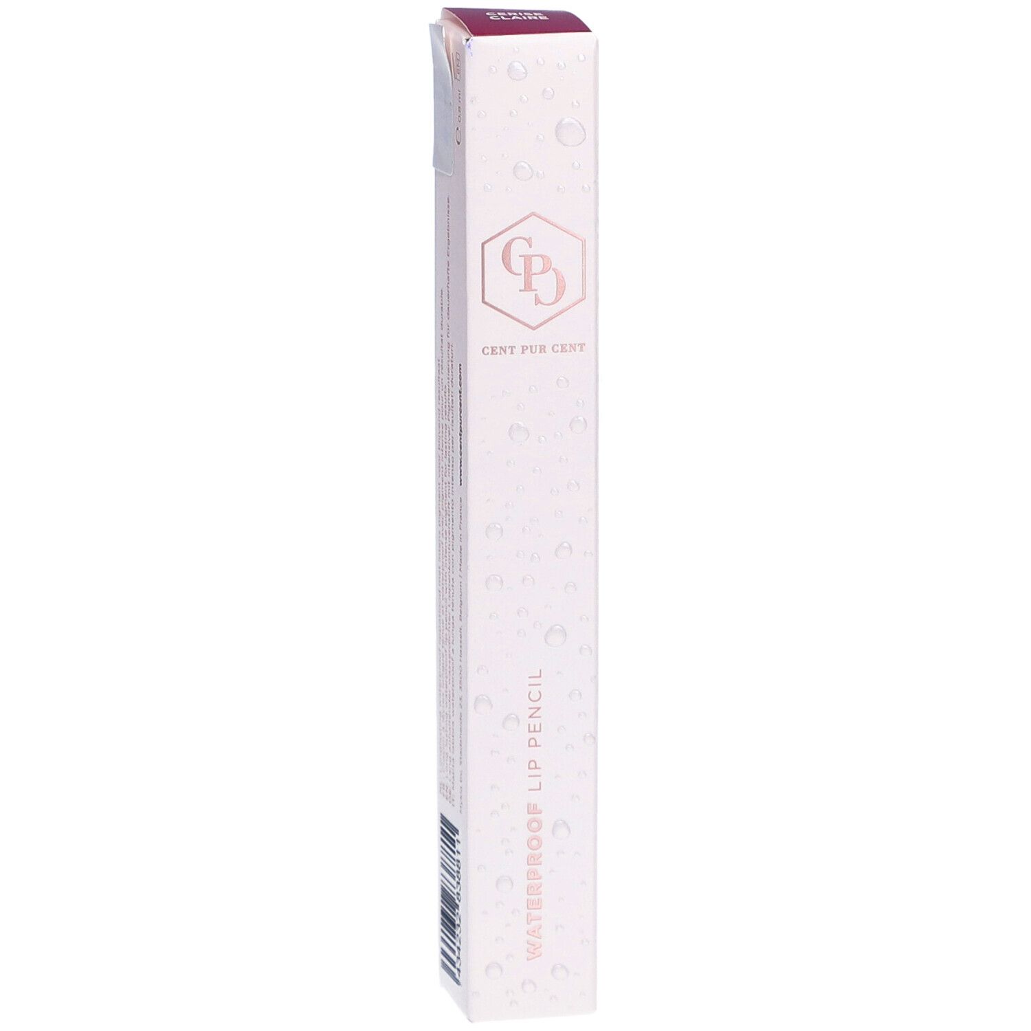 Lippenstift-Schachtel. Marke Cent Pur Cent, Schriftzug Waterproof Lip Pencil. Weiß mit rosafarbenem Deckel.