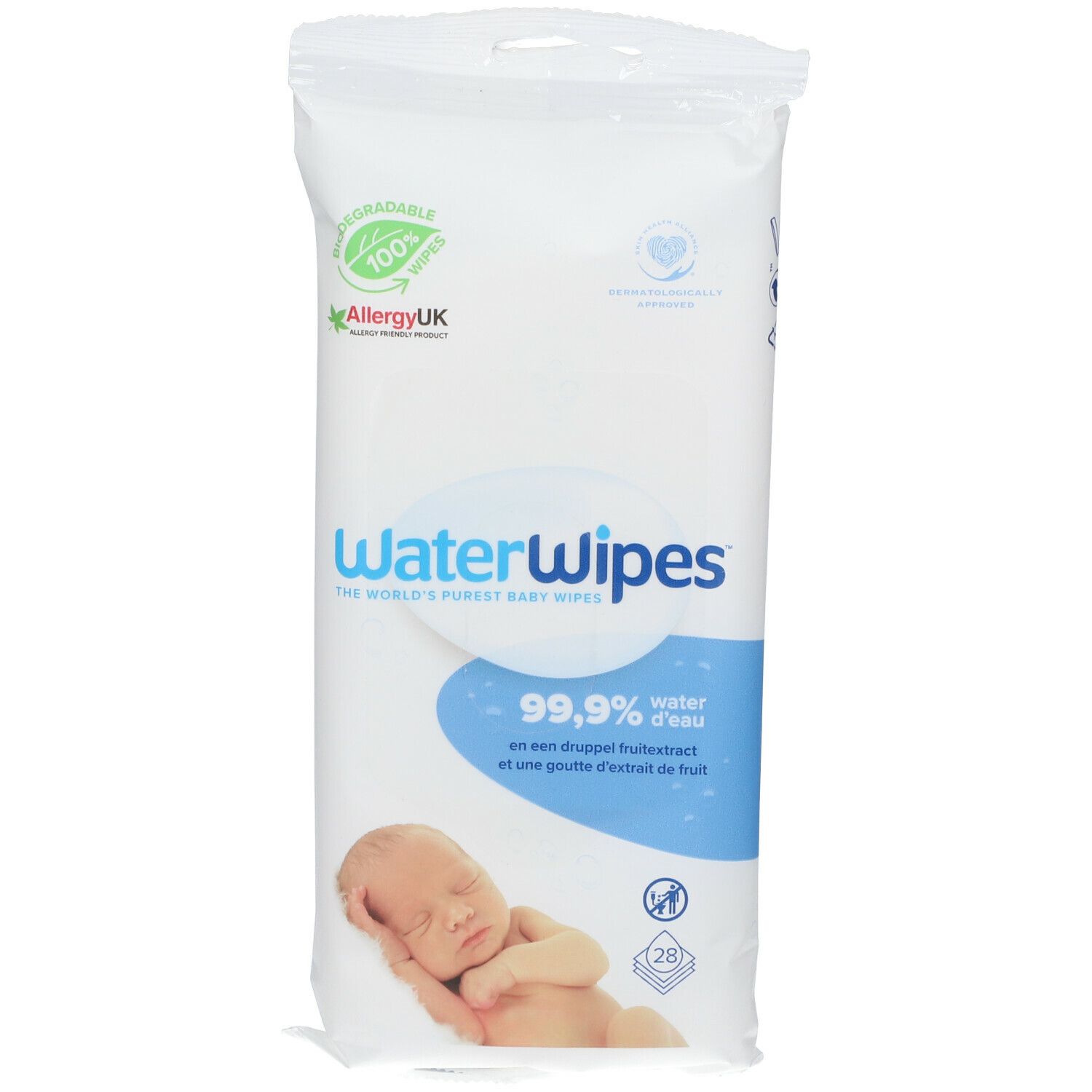 Paquet blanc 'WaterWipes' avec illustration de bébé et certifications. Contient 28 lingettes.