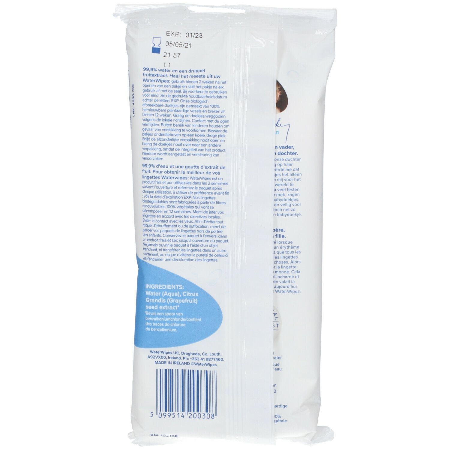 Dos du paquet 'WaterWipes' avec texte, ingrédients et date de péremption. Code-barres en bas.