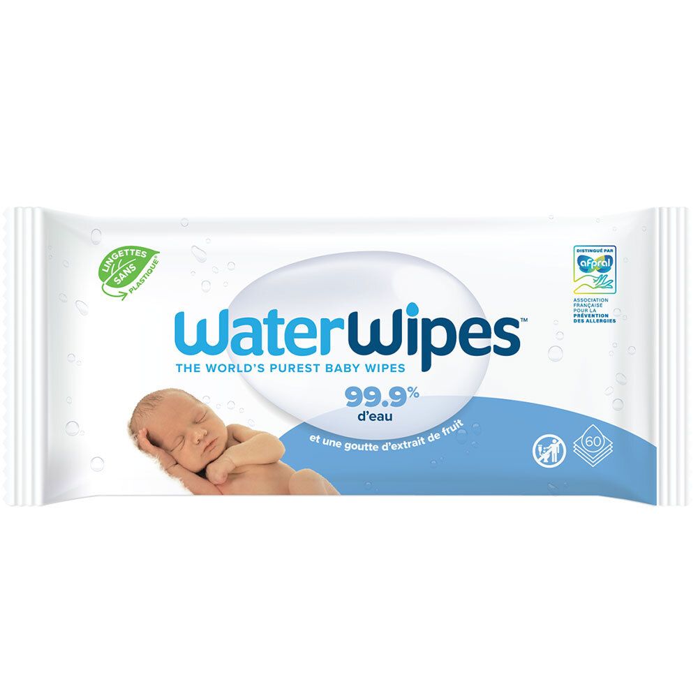 Paquet blanc WaterWipes avec logo, bébé et certifications. Texte: 99,9% d'eau, une goutte d'extrait de fruit. 60 lingettes.