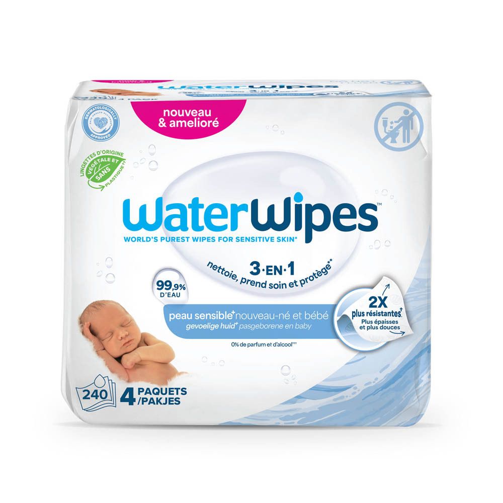 WaterWipes Babyfeuchttücher, 4 Pakete à 240 Stück, 99,9% Wasser, für empfindliche Haut.